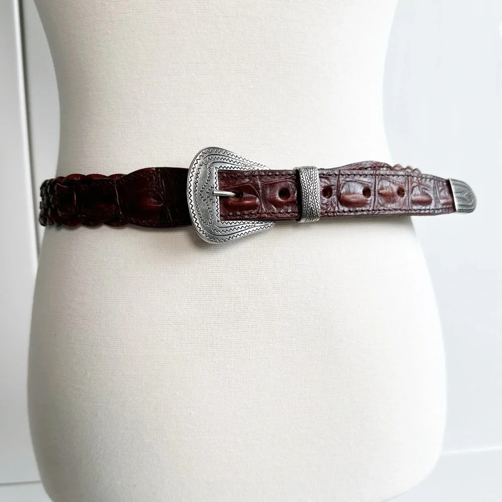 Vintage Crocodile Back, Woven Leather Belt Brown Silver Decorative Buckle - Picture 2 of 9